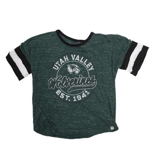 Green woman's fit tee with white and black stripes on sleeves, circle log design saying "Utah Valley" and "Est 1941" around the circle, small wolverine logo and "Wolverines" in cursive the center.